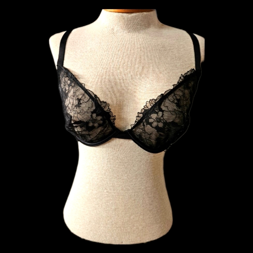 Black See Through Bra, 34 DDD, Victoria's Secret, Flower Pattern